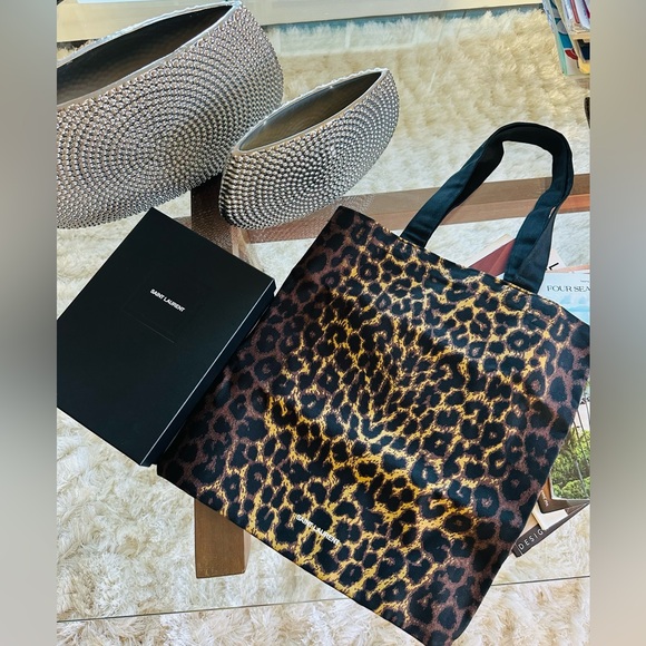 Saint Laurent Brown Black Leopard Cheeta Canvas Tote Bag - Picture 1 of 4